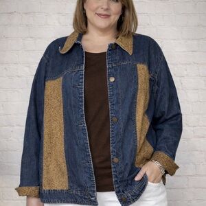 Coldwater Creek 3X Denim Jacket Blue Gold Paisley Faux Leather Trim Western Boho